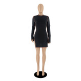 Black Overlock Stitch High Neck Long Sleeve Bodycon Dress