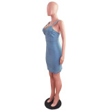 Sleeveless Slit Adjustable Straps Denim Dress