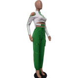 Fashion Stitching Hollow Out Cold Shoulder 2 Piece Pant Set
