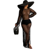 Fashion Sexy See Through Hollow Knit Crochet Tassel Dresses