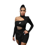 Sexy Hollow Halter Neck Ruffle Offset Printed Bodycon Dress