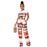 Casual Printed Tie-dye Bandage Two Piece Set with Wide-leg