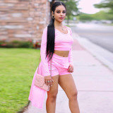 Casual Solid Pink Ribbed Crop Vest Top Short And Cardigan 3 Pieces Set