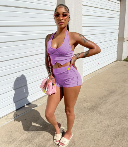 Solid Color Sexy Purple Backless Halter Two Piece Shorts Women Set