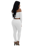 Women Fashion Thread Off Shoulder Crop Top 2 Piece Set Casual Bodycon Casual Outfit Sportswear
