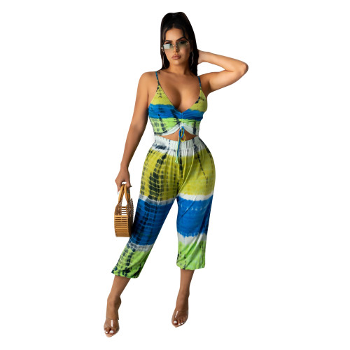 Fashion Pattern Printed Wrap Chest Trousers Suit
