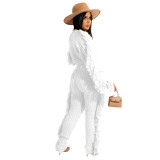Winter Clothing Casual White Tassels Sweater Crop Top and Pants 2PC Knit Tracksuit Set