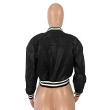 Thread Elasticity Faux Leather Baseball Jacket