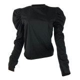 Solid Color Imitation Cotton Puff Sleeve Burnt Hole Top