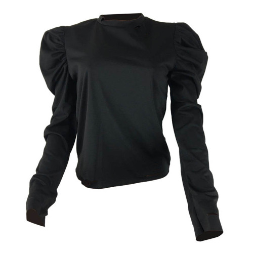 Solid Color Imitation Cotton Puff Sleeve Burnt Hole Top