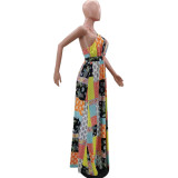 Sexy Printed V Neck Backless Cross Strap Maxi Swing Dress