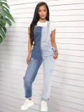 Two Faced Two Toned Overalls Casual Slim Fit Colorblock Jeans With Straps