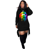 Digital Printed Colorful Lips Long Sleeve Club Dress