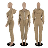 Autumn Winter Women's Irregular Solid Color Pocketed Zipper Hoodie Sweatshirt Pants Set