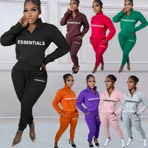 Autumn/Winter Fleece Printed Letter Pullover Zipper High Neck Casual Sports Two Pieces
