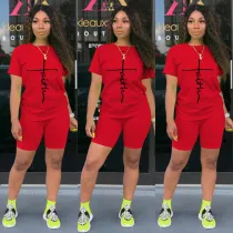Casual Women Red Printed Sweatpants Set Two Piece Shorts Set for Summer