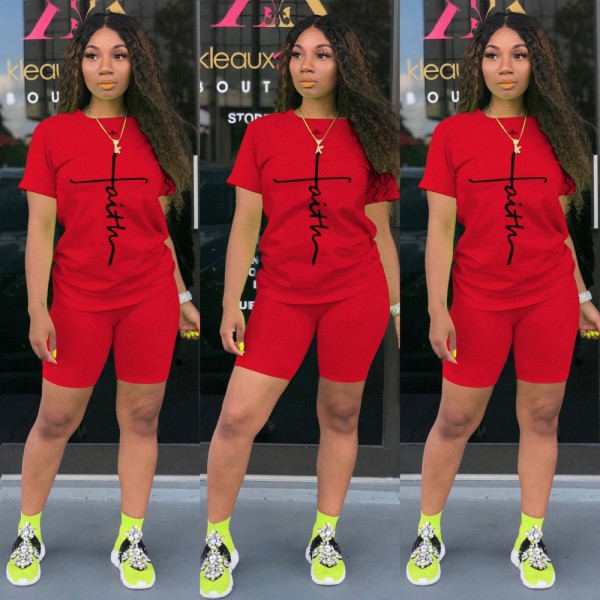 Casual Women Red Printed Sweatpants Set Two Piece Shorts Set for Summer