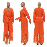Tassel Trim Open Front Chunky Knit Longline Cardigan