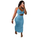 Solid Color Halter Pleated Long Dress