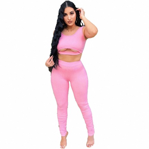 Summer Pink Sleeveless Cutout Crop Vest and Long Pants 2 Pieces