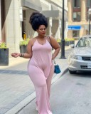 Solid Color Pink Ruffled Halter One Piece Sexy Backless Jumpsuit