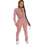 Solid Color Turn-down Neck Sports 2 Piece Set