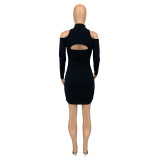 Autumn Casual Solid Black Cold Shoulder Thread Pit Pleated Club Dress with Hollow