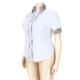 White Woven Plaid Button Double Placket Lapel Shirt