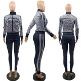 Women Elegant Two-Pieces Jacket Sets Female Print Zip Coat & Pant Sets