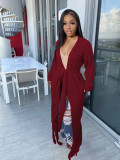 Tassel Trim Open Front Chunky Knit Longline Cardigan