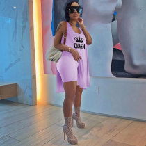 Casual Purple Knitting Printed Vest Loose Long Top Shorts Set