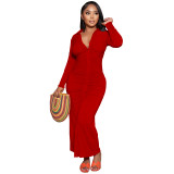 Solid Color V Neck Ruched Maxi Dress