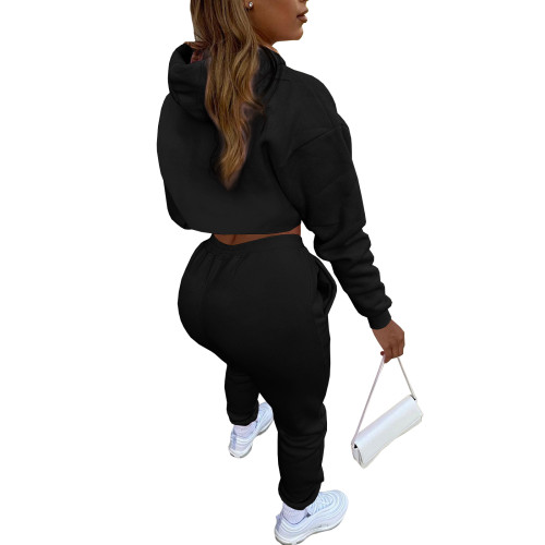 Black Cotton Fleece Drawstring Jogging Tracksuit Hollow Hoodie Blouse Pants Set and Vest