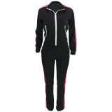 Casual Solid Black Stitching Zipper Turndown Neck Women Two Piece Outfits for Outdoor Exercise