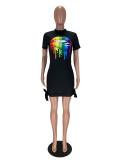 Digital Printed Colorful Cotton Lips Short Sleeve Club Dress