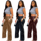 Autumn Winter Black Elastic High Waist Trouser Women Faux PU Leather Straight Pants with Pockets