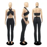 Solid Color Bandeau Backless Tops Trousers Set