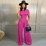 Solid Color Short Sleeve Romper + Wide Leg Pants Two Pieces