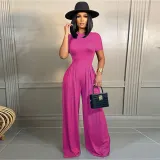 Solid Color Short Sleeve Romper + Wide Leg Pants Two Pieces