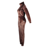 Solid Color Coffee Zipper Gold Velvet Long Sleeve Loungewear Women Sets with Pockets
