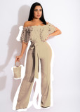 Women Slim Ruffle Off Shoulder Short Sleeve Solid Long Pants Jumpsuit with Belt