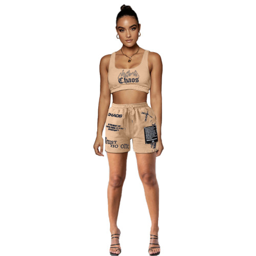 Casual Letter Printing Vest Sports Suit with Pockets