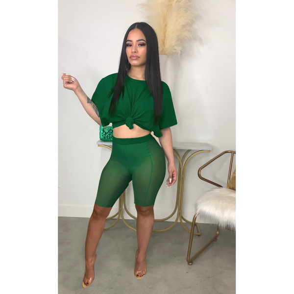 Summer Solid Mesh Shorts Set for Women Green