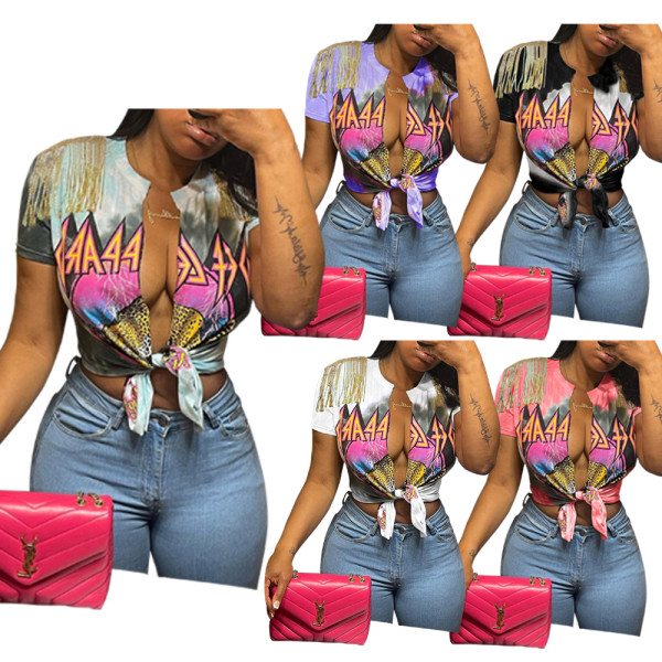 Casual Fashion Print Tassel Slit Short Sleeve Shirt Top