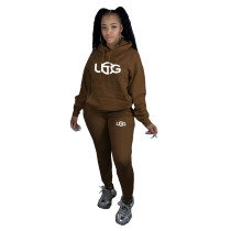Coffee Autumn Winter Women's Clothing Printed Plush Hooded Sweatpants Sets