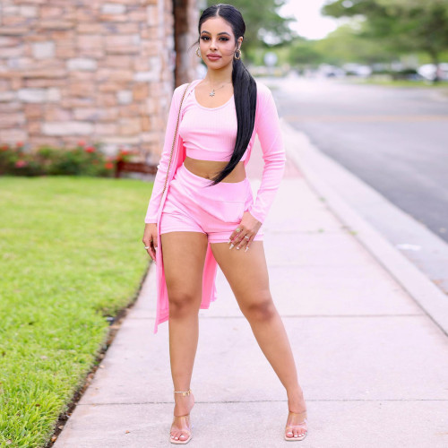 Casual Solid Pink Ribbed Crop Vest Top Short And Cardigan 3 Pieces Set