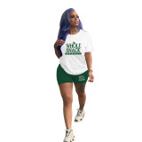 Solid Color Pattern Printed Short Sleeve Two Piece Set