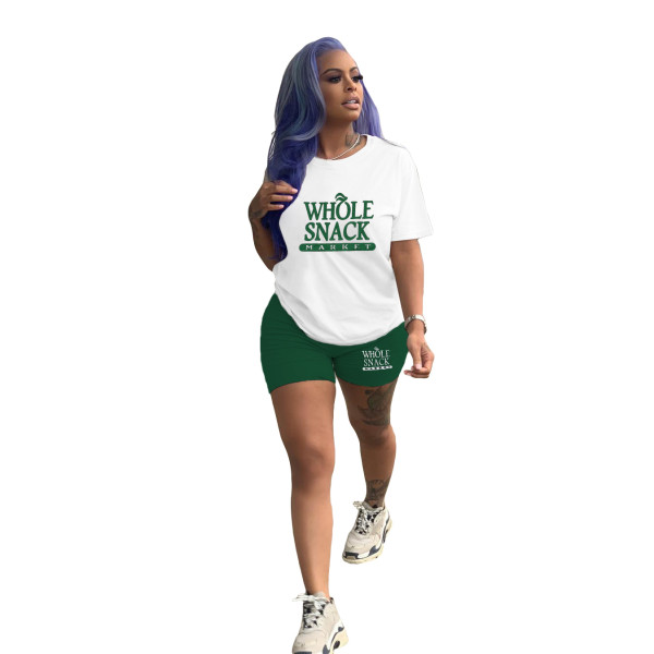 Solid Color Pattern Printed Short Sleeve Two Piece Set