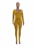 Yellow Elegant Knitted Ribbed Pencil Long Sleeve Jumpsuit Office Lady V-neck with Sashes High Waist One Piece Overall Playsuits