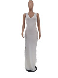 Sexy Solid Bandage Hollowed Out Split Joint Slit V Neck Sleeveless Straight Dresses